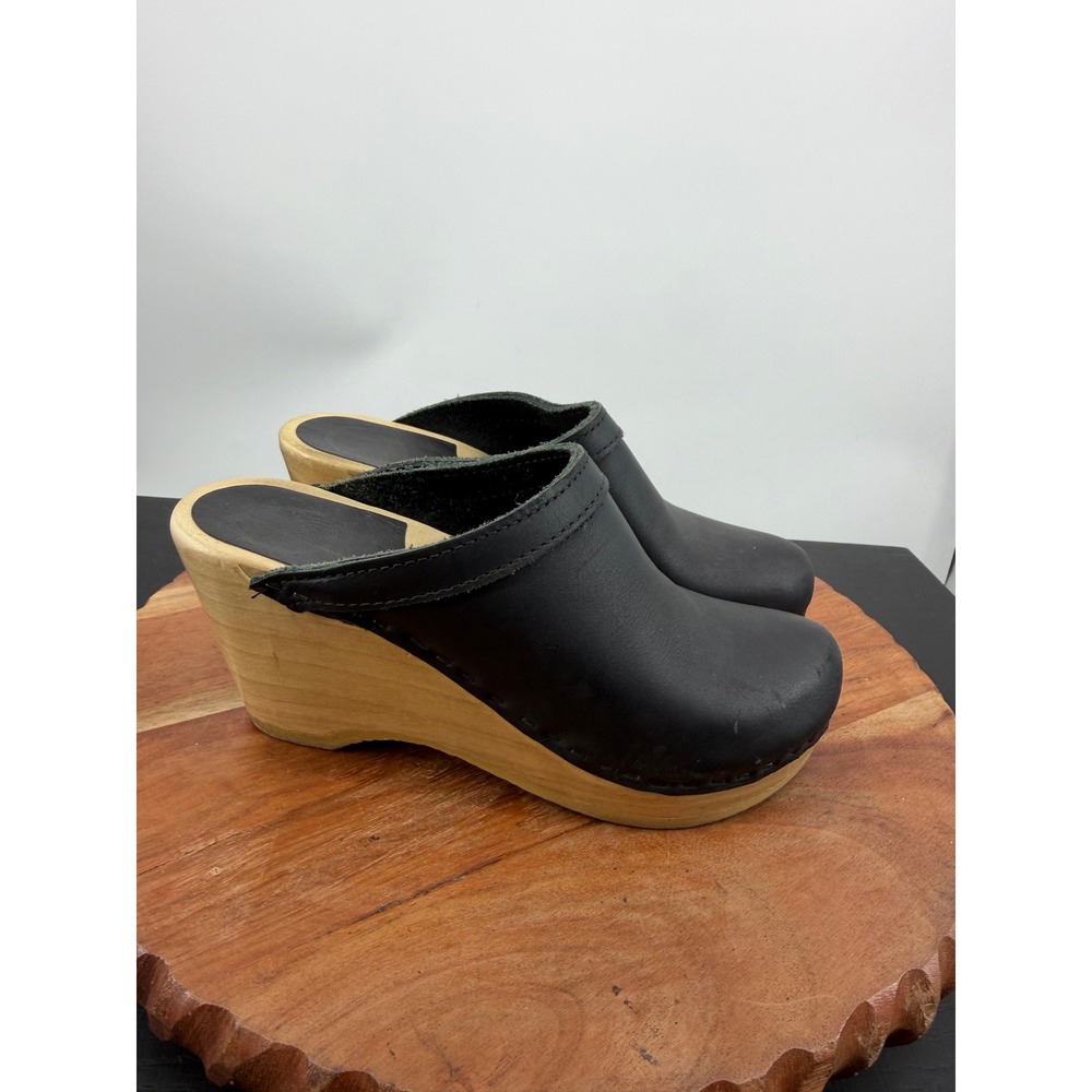 No 6 Wedge Clog Mules Women 36 6 Black Leather Wood Platform Slip On